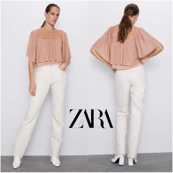 ZARA Tops - Zara EUC Ruffled Mesh Details Knit Top Blouse Size S Bloggers Favourite